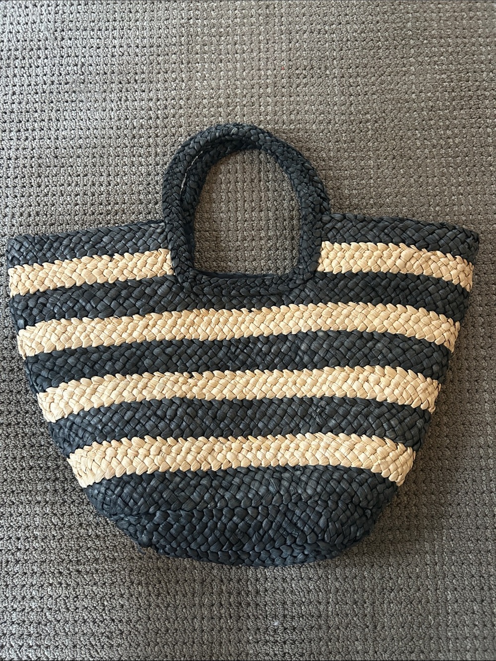 Woven Straw Tote Bag in navy grey and Natural Stripes